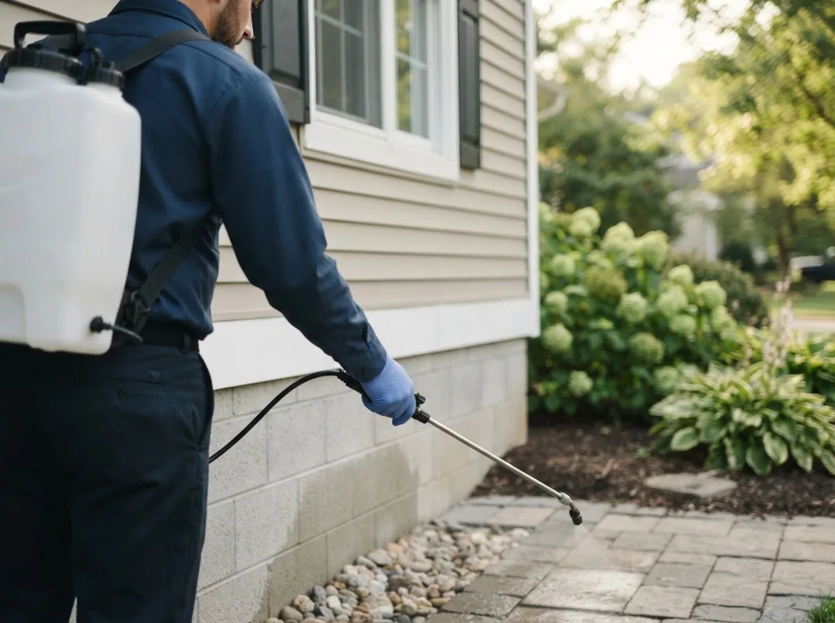 Pest control technician inspecting a home in Mims, FL